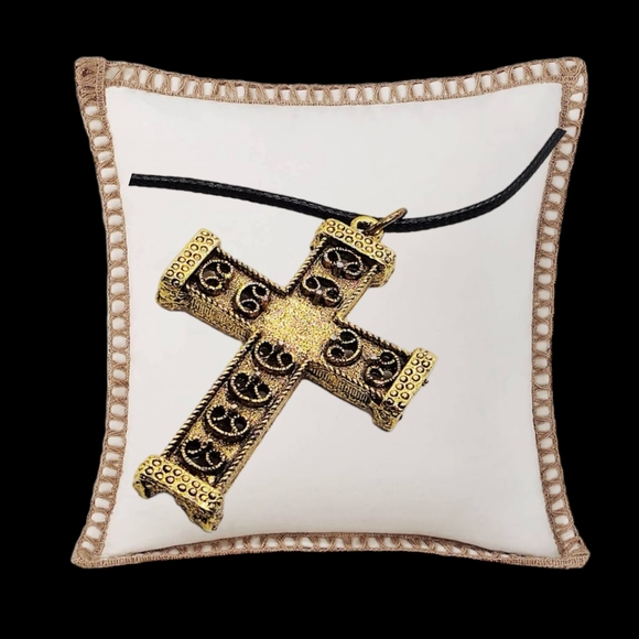 .Gold Plated Cross with a Beautiful Embossed Design and Black Leather Necklace - Picture 2 of 7